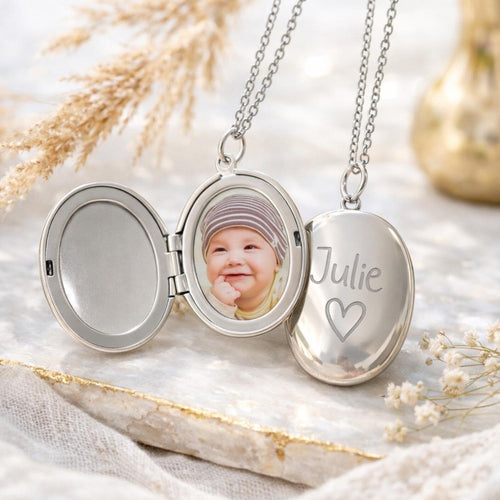 Collier photo personnalisé médaillon gravé ovale acier inoxydable